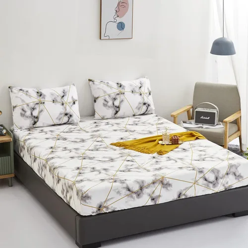 Miniatura 20 de KAREVER Juego de sábanas de mármol negro, juego de ropa de cama de 4 piezas con diseño geométrico de mármol, 1 sábana bajera, 1 sábana encimera