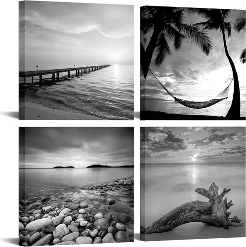 sechars - Arte de pared de playa en blanco y negro, pintura de paisaje marino, paisaje de amanecer, imagen giclée, lienzo enmarcado para sala de