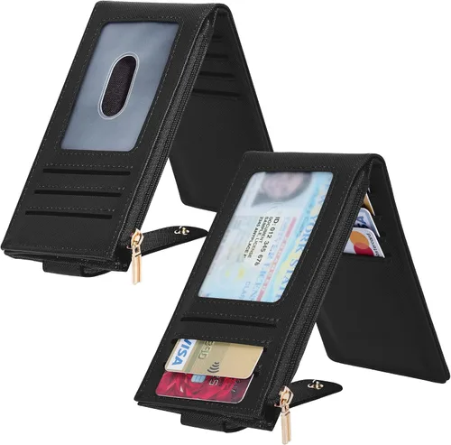 Miniatura 2 de Chelmon Billetera delgada para mujer, con bloqueo RFID, plegable, con bolsillo con cremallera, Negro -, Minimalista