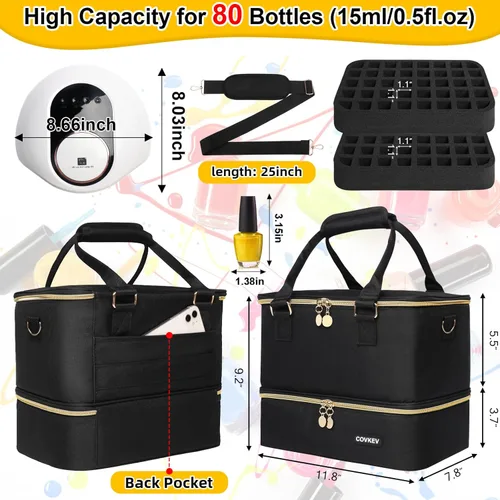 Miniatura 7 de Covkev Organizador de esmalte de uñas, capacidad para 80 botellas (0.5 fl oz/15 ml) y lámpara de uñas, estuche organizador de uñas de doble capa