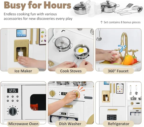 Miniatura 2 de TODEFULL Juego de Cocina de Madera para Niños, Juego de Cocina de Simulación para Niños, Cocina de Juguete Interactiva con Congelador, Lavadora