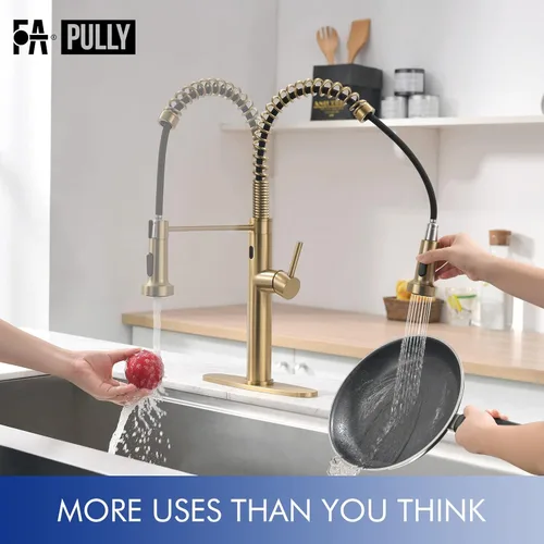 Miniatura 6 de Fapully Grifo de cocina sin contacto con rociador extraíble, sensor de movimiento dorado cepillado, inteligente comercial de una sola manija, grifo