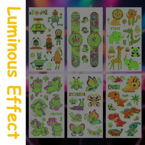 Miniatura 5 de ATOMUS Tatuajes luminosos, 30 hojas de estilos mixtos de tatuajes temporales con animales, unicornio, robot, dinosaurio, insecto, reloj, diseños
