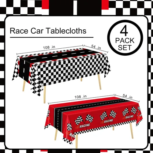Miniatura 2 de Oigco - Paquete de 4 manteles de plástico de automóvil de carreras, decoraciones de cumpleaños de autos, mantel a cuadros para decoración
