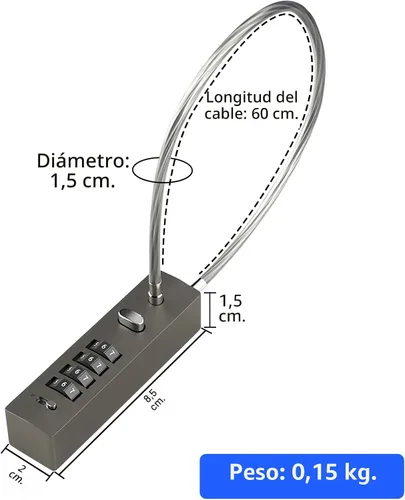 Miniatura 2 de Cerradura de puerta de valla al aire libre - bicicleta, cadena de cable, cerraduras de combinación Gris