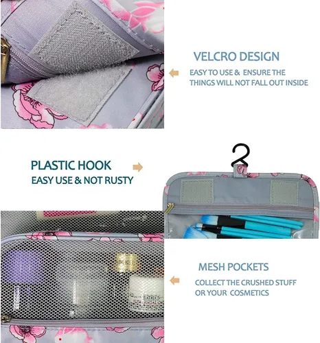 Miniatura 5 de Trawila Neceser colgante de viaje, bolsa de cosméticos, organizador de maquillaje para hombres y mujeres con gancho resistente, Gris (Grey Flower)