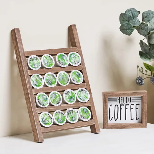 Miniatura 10 de GENMOUS - Soporte de madera para tazas K para encimera, soporte de cápsulas de granja con letrero decorativo de barra de café, organizador rústico