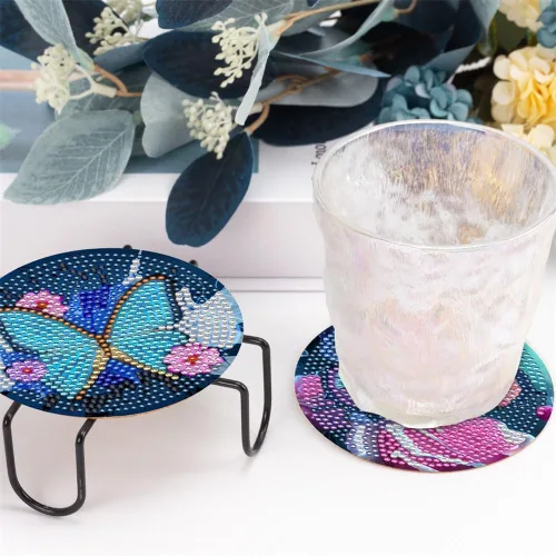 Miniatura 4 de 10 posavasos de pintura de diamante, posavasos de arte de diamante de mariposa con soporte, kits de manualidades de flores para principiantes