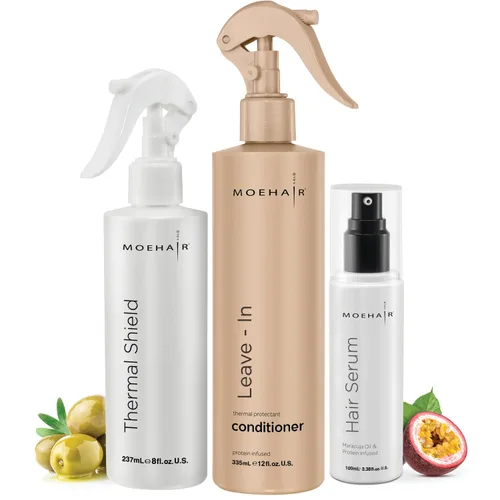 MOEHAIR Acondicionador sin enjuague (12 onzas líquidas), spray de protección térmica para cabello (8 onzas líquidas) y suero para aliviar el