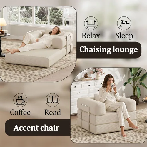 Miniatura 4 de Sofá individual para espacios pequeños, sofá convertible 2 en 1, cómodo puf para adultos con funda extraíble con almohadas para dormitorio, Beige