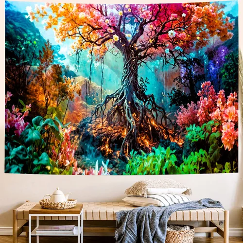 Miniatura 5 de Delur Tapiz de bosque con diseño de árbol de la vida, bosque tropical, para colgar en la pared, colorido paisaje místico, cabecero psicodélico