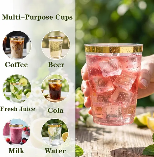 Miniatura 6 de DaYammi Paquete de 200 vasos de plástico dorados de 10 onzas, vasos de vino desechables con borde dorado, vasos de vino desechables de lujo, vasos