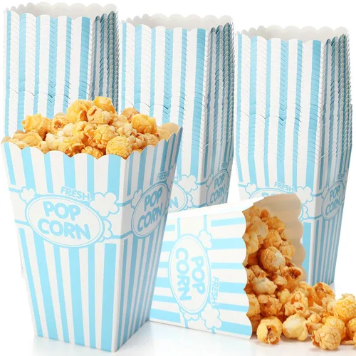 Miniatura 10 de Xinnun 100 piezas Cajas de palomitas de maíz 32 oz Cubos de papel clásicos con rayas desechables a prueba de aceite Caja abierta retro para Azul