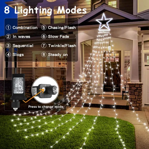 Miniatura 6 de BlcTec Luces de Navidad para exteriores, 317 luces LED de estrella de Navidad con 9 hebras de luces de árbol de cascada de 11.9 pies, 8 modos