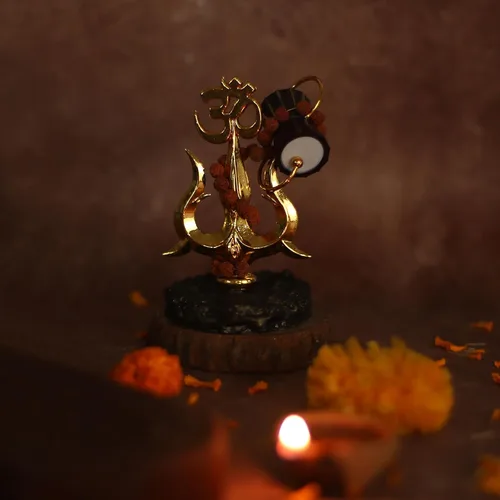 Miniatura 4 de Trishul chapado en oro con símbolo Damru y Om (4 pulgadas) – Tridente Shiva de resina antigua para Puja, Real Rudraksh Mala Shiva, ídolo de Shiva