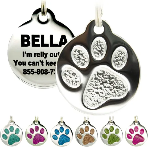 Miniatura 8 de Etiqueta grabada para mascotas para perros y gatos, personalizada con 4 líneas de identificación grabada, huella de pata redonda, acero inoxidable