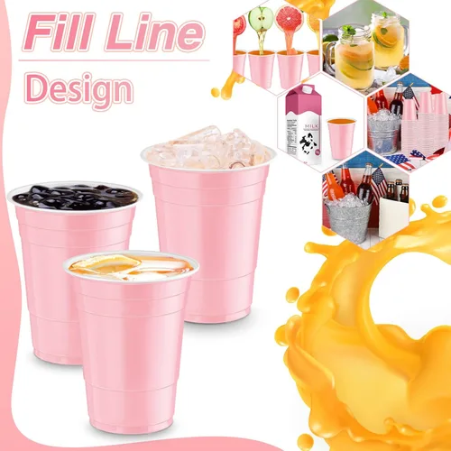 Miniatura 3 de Lounsweer 100 vasos desechables de graduación de 16 onzas para fiesta, vasos de plástico resistentes para agua potable, para cumpleaños, baby Rosa