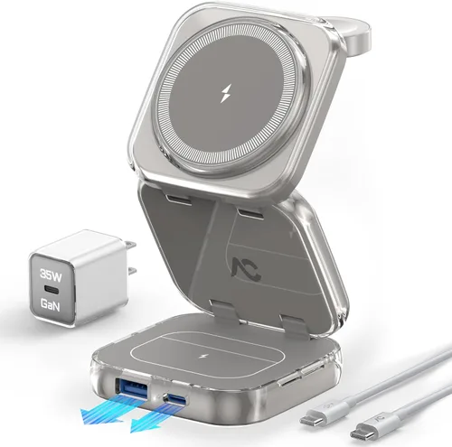 Miniatura 8 de Cargador inalámbrico 5 en 1 para MagSafe, estación de carga portátil de viaje AC ISLAND de 35 W, soporte magnético plegable rápido Qi2.2