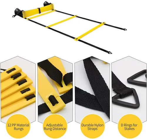 Miniatura 2 de Juego de 1/2/4 escaleras, 12 peldaños de agilidad, escalera de entrenamiento con estacas de acero y bolsa de transporte para fútbol, entrenamiento