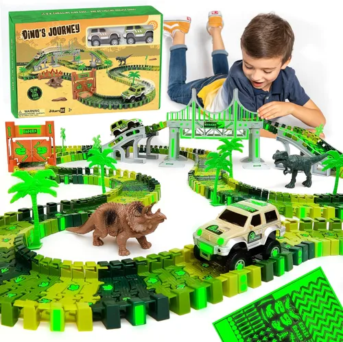 JITTERYGIT - Juego de pista de carreras de dinosaurios jurásicos que brillan en la oscuridad, juguete de mundo de dinosaurios, pista de carreras