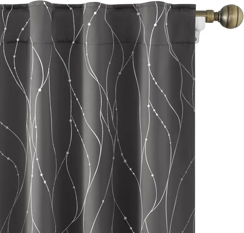 Miniatura 15 de HOMEIDEAS Cortinas opacas de color gris claro de 52 x 96 pulgadas de largo, 2 paneles de línea ondulada plateada con puntos impresos, pestaña