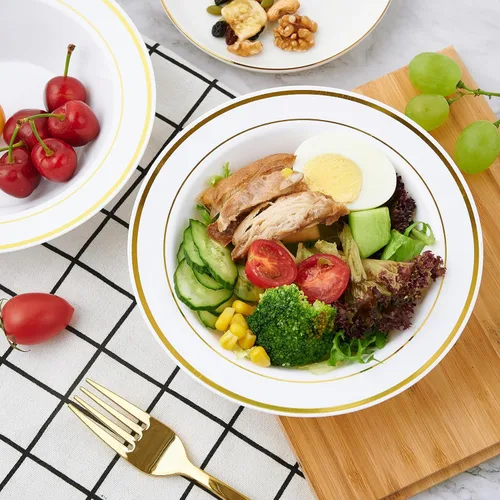 Miniatura 4 de JOLLY PARTY 50 cuencos de plástico con borde dorado, cuencos de sopa desechables de 12 onzas, cuenco de ensalada de postre prémium para Navidad
