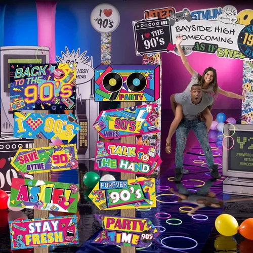 Miniatura 6 de Hooqict 20 piezas de decoración de fiesta de los años 90, letrero retro de hip hop para fiesta de regreso a los 90 adultos suministros de fiesta