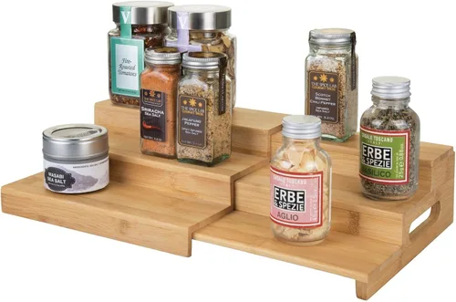 mDesign Organizador de especias ajustable y expandible de bambú con 3 niveles de almacenamiento para armario de cocina, encimera, estante de