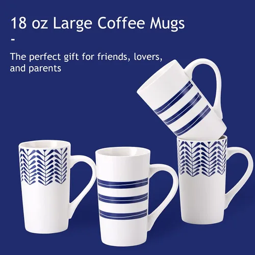 Miniatura 6 de YouPeng Juego de tazas de café grandes, tazas de cerámica con asa grande, taza de café alta para hombres o mujeres con patrón pintado a mano azul
