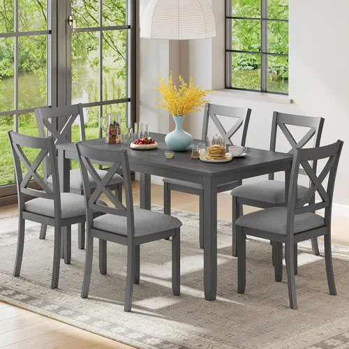 Miniatura 18 de Zevemomo Juego de mesa de comedor de madera maciza de 6 piezas, incluye 1 mesa de comedor, 4 sillas tapizadas y 1 banco, juego de mesa de comedor