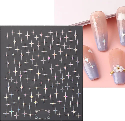 Miniatura 7 de 8 hojas de calcomanías de arte de uñas Aurora para mujeres, niños y niñas, láser de estrella plateada, serpiente, flor, conejo, corazón, diseño