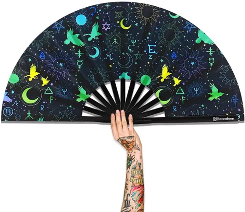 Miniatura 9 de Ventilador plegable grande, ventilador Clack Rave de 13 pulgadas, ventilador de mano para mujeres y hombres con tela de satén de alta calidad, marco