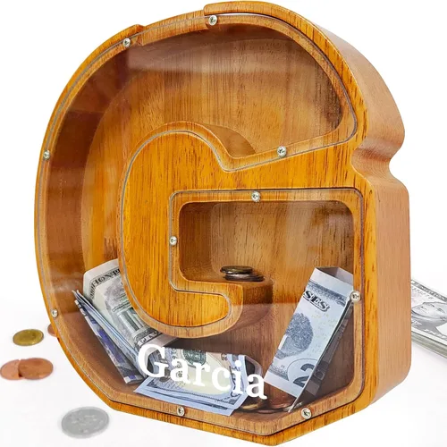 Miniatura 48 de Alcancía para niños y niñas, alcancía grande de madera personalizada con diseño recortado, bancos de monedas con letras del alfabeto, caja de ahorro