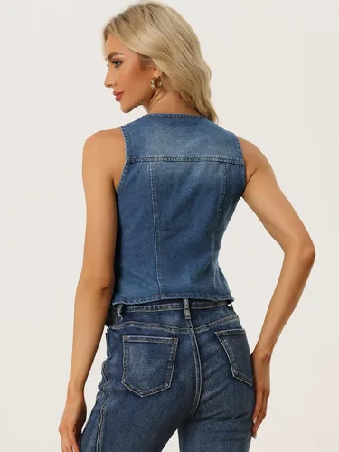 Miniatura 3 de Allegra K Chaleco de mezclilla para mujer, sin mangas, con cuello en V, lavado y desgastado