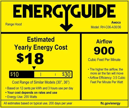 Miniatura 7 de Awoco RH-C06-A36 Classic - Campana extractora de acero inoxidable de 0.039 in de alto y 0.039 in de grosor, 4 velocidades, 900 CFM, con 2 luces LED