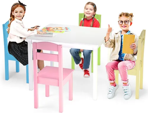 Miniatura 2 de LDAILY Moccha - Juego de sillas de mesa de madera para niños, mesa colorida y 4 sillas con respaldo, mesa de comedor para niños, juego de sillas