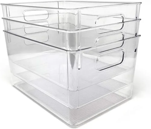 Isaac Jacobs Paquete de 3 contenedores grandes transparentes con asas, organizador de plástico para el hogar, habitación, oficina, refrigerador,