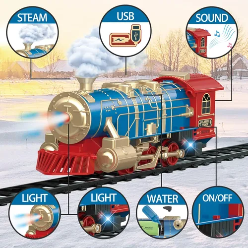 Miniatura 2 de JQ JUQU Juego de tren de control remoto para niños de 3 a 8 años, tren de juguete eléctrico con vapor, luces y sonidos, incluye 17 pistas y batería