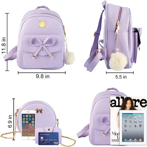 Miniatura 8 de ZGWJ Mini mochila de cuero con moño, mochila pequeña, linda mochila casual de viaje para niñas y mujeres, M, Mochilas tipo mochila