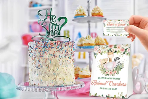 Miniatura 3 de How Many Animal Crackers Are In The Jar, juego de baby shower floral bohemio rosa rubor, decoración de baby shower de animales de la selva safari