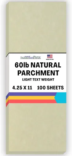 100 hojas de papel de pergamino natural con texto 60# (enlace = 24), 4.25 x 11 pulgadas, tamaño media carta, corte largo, 60 libras, no es peso de