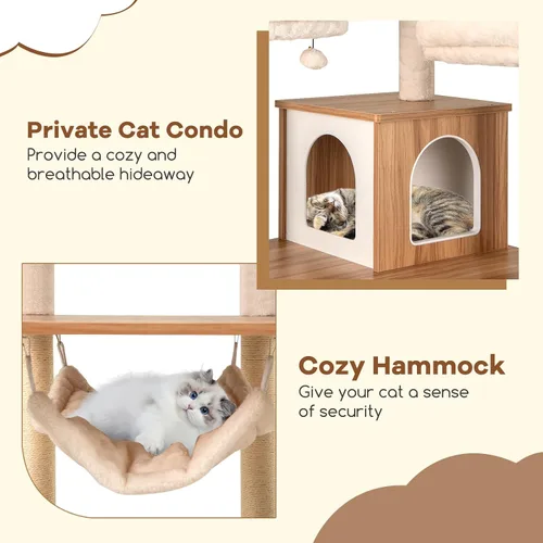 Miniatura 5 de Tangkula Árbol alto para gatos, torre para gatos de madera moderna de 68 pulgadas con postes rascadores de sisal, 3 perchas acolchadas, condominio