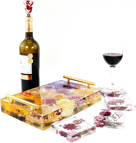 Miniatura 6 de Moldes de bandeja de silicona grandes para resina, 13.5 x 9.5 pulgadas de profundidad rectangular epoxi moldes con 4 asas doradas y plateadas, molde