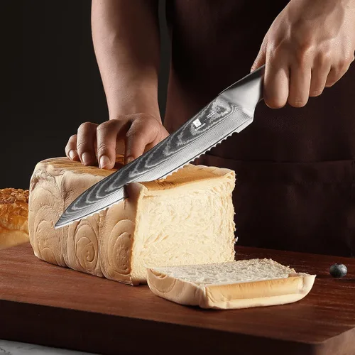 Miniatura 2 de Cuchillo de Pan de Acero Damasco 9C: Un Cuchillo Dentado de Borde Ondulado Ancho con una Hoja de Acero Inoxidable Mejorada Súper Afilada de 8