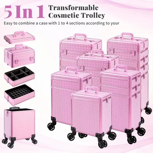 Miniatura 2 de AROUS Estuche de maquillaje rodante 5 en 1, estuche de cosmetología con ruedas, organizador cosmético grande, carro de viaje para estilista
