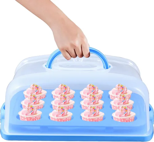 Miniatura 5 de Porta magdalenas 2 en 1 con tapa, portador rectangular para tartas, contenedor de almacenamiento portátil grande para almacenar 12 cupcakes o 1 Azul