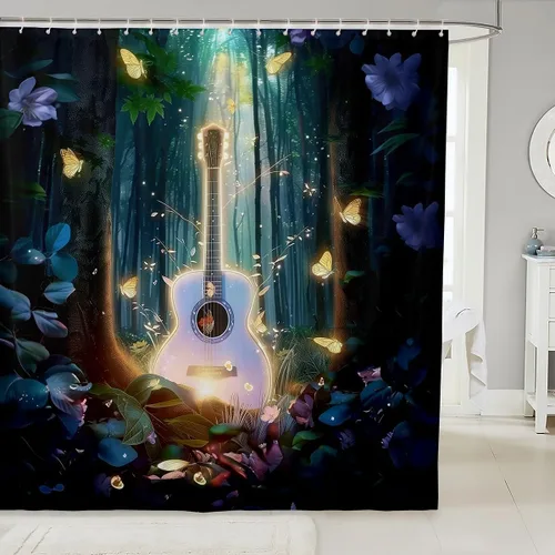 Miniatura 11 de Cortina de ducha de guitarra roja, cortina de baño de música Hip Pop, decoración de baño para niños y niñas, cortina de baño de guitarra de moda