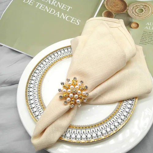 Miniatura 4 de Juego de 12 servilleteros dorados con perlas de diamantes de imitación dorados para cumpleaños y fiesta de boda, reunión diaria, vacaciones