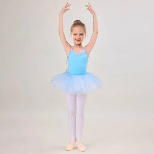 Miniatura 2 de IBAKOM Leotardos de ballet para niña, trajes de bailarina, vestido de baile de ballet con volantes de mariposa, falda de baile de lentejuelas