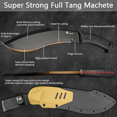 Miniatura 3 de HX Outdoors - Cuchillo machete Kukri de 14 pulgadas, acero D2 de alta calidad, cuchillo de jardinería con funda Kydex para exteriores, campamento
